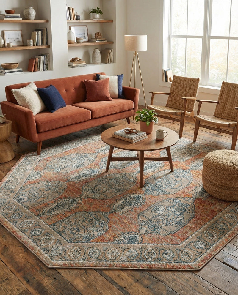 Seville Stripes Collection Area Rug -  Granada (Brick Red) Octagon Brick Red  lifestyle 54