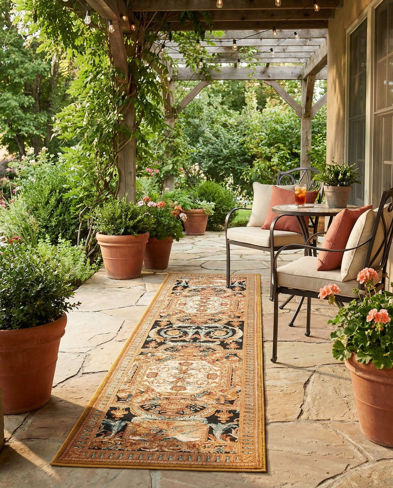 Patio Heritage Collection Area Rug - Veranda Runner Black Gold Brown  lifestyle 63