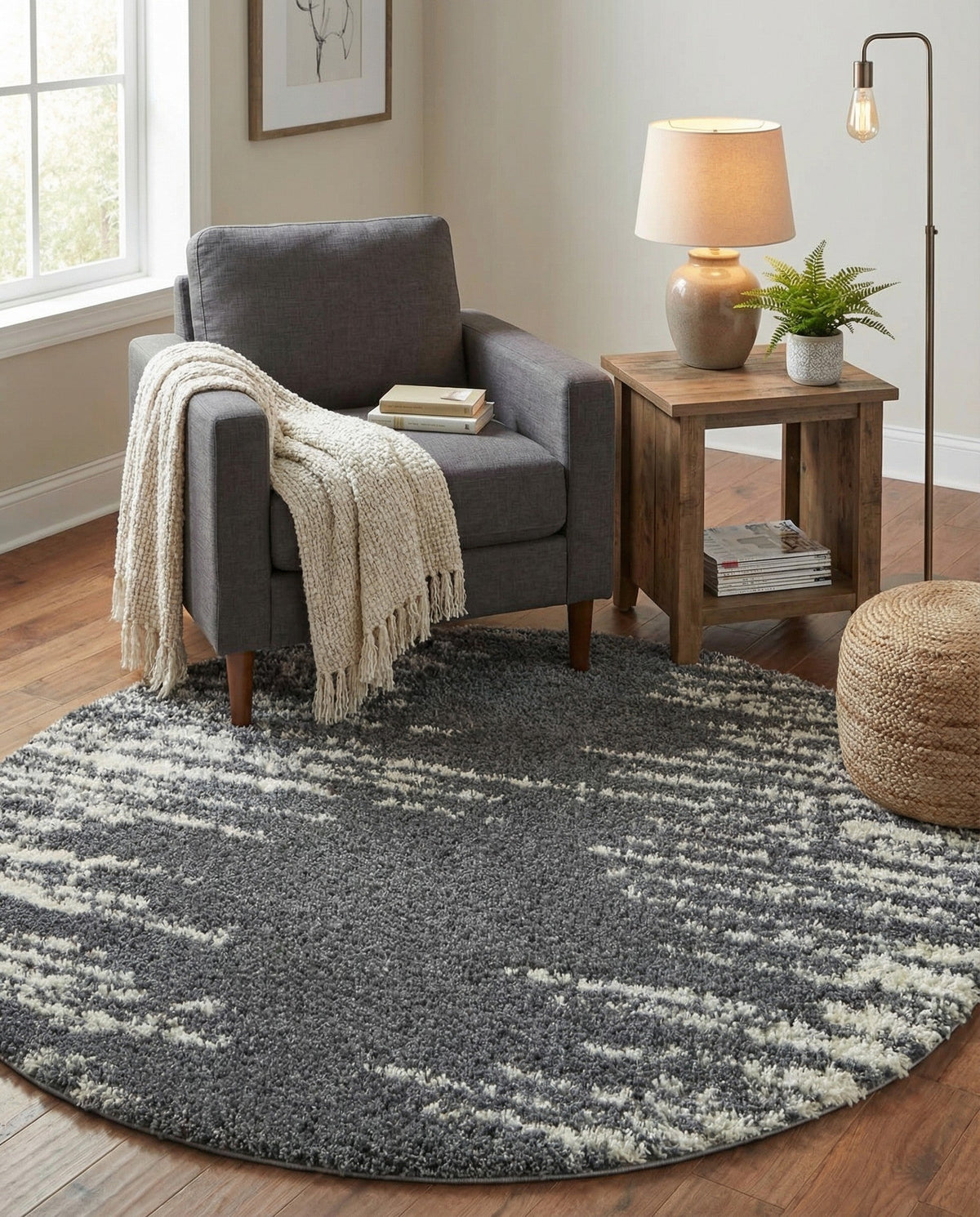 Tranquil Tides Shag Collection Area Rug - Marina Round Gray  lifestyle 100