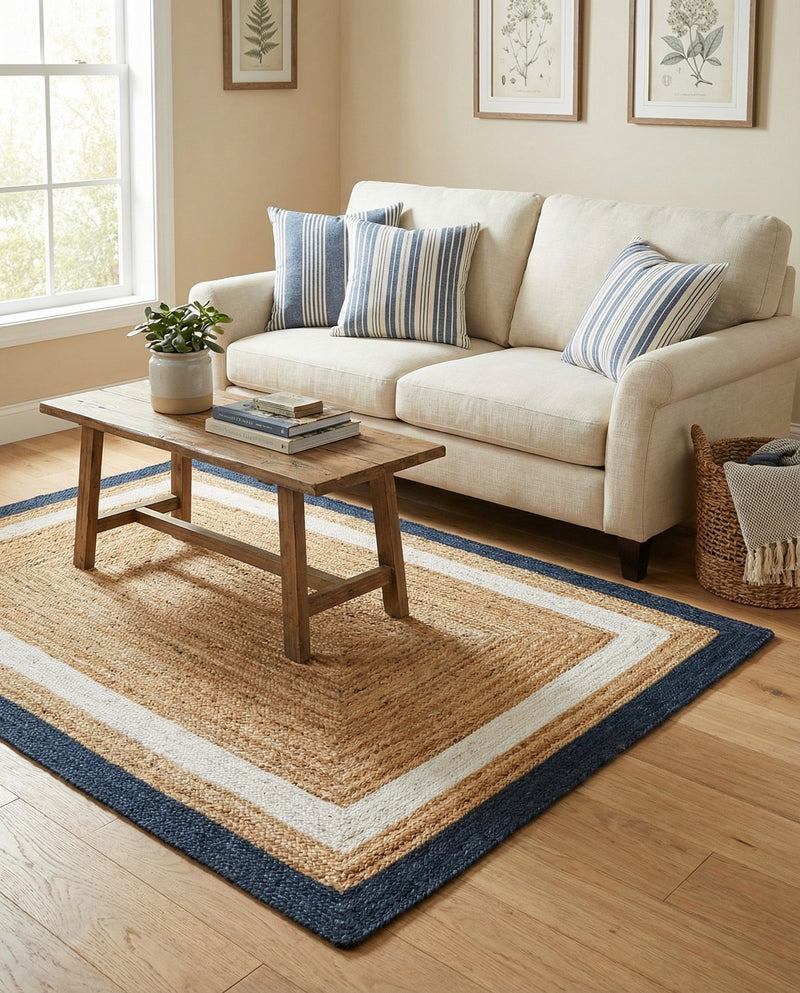 Woven Seaside Jute Collection Area Rug - Nantucket Rectangle Navy Blue White Natural  lifestyle 36