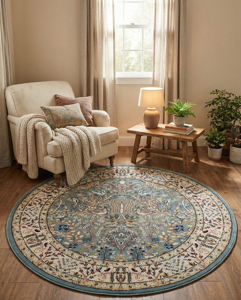 Persian Elegance Collection Area Rug -  Kerman (Blue) Round Blue  lifestyle 94