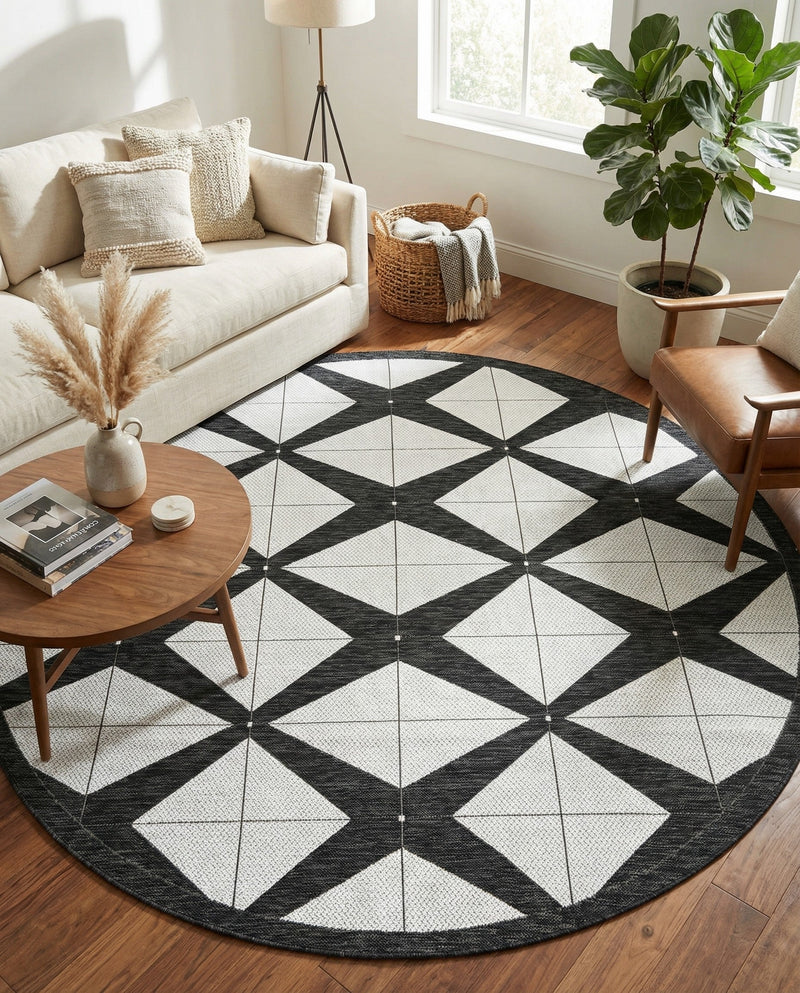 Urban Terrace Collection Area Rug -  Hudson Round Black and White  lifestyle 60