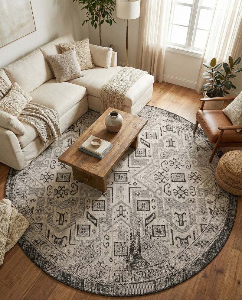 Tribal Terrace Treasures Collection Area Rug - Mayan Marina (Charcoal Gray) Round Charcoal Gray  lifestyle 70