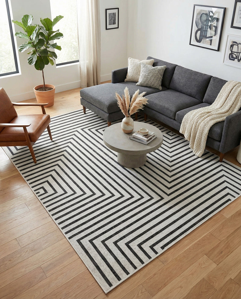 Urban Terrace Collection Area Rug -  Astoria (White and Black) Rectangle White and Black  lifestyle 10