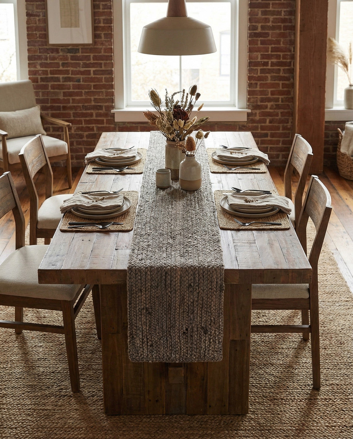 Woven Seaside Jute Collection Area Rug - Savannah (Gray) Table Runner Gray  lifestyle 47