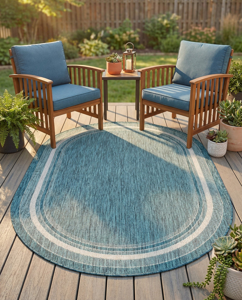 Terrace Fringe Collection Area Rug - Veranda (Teal) Oval Teal  lifestyle 80
