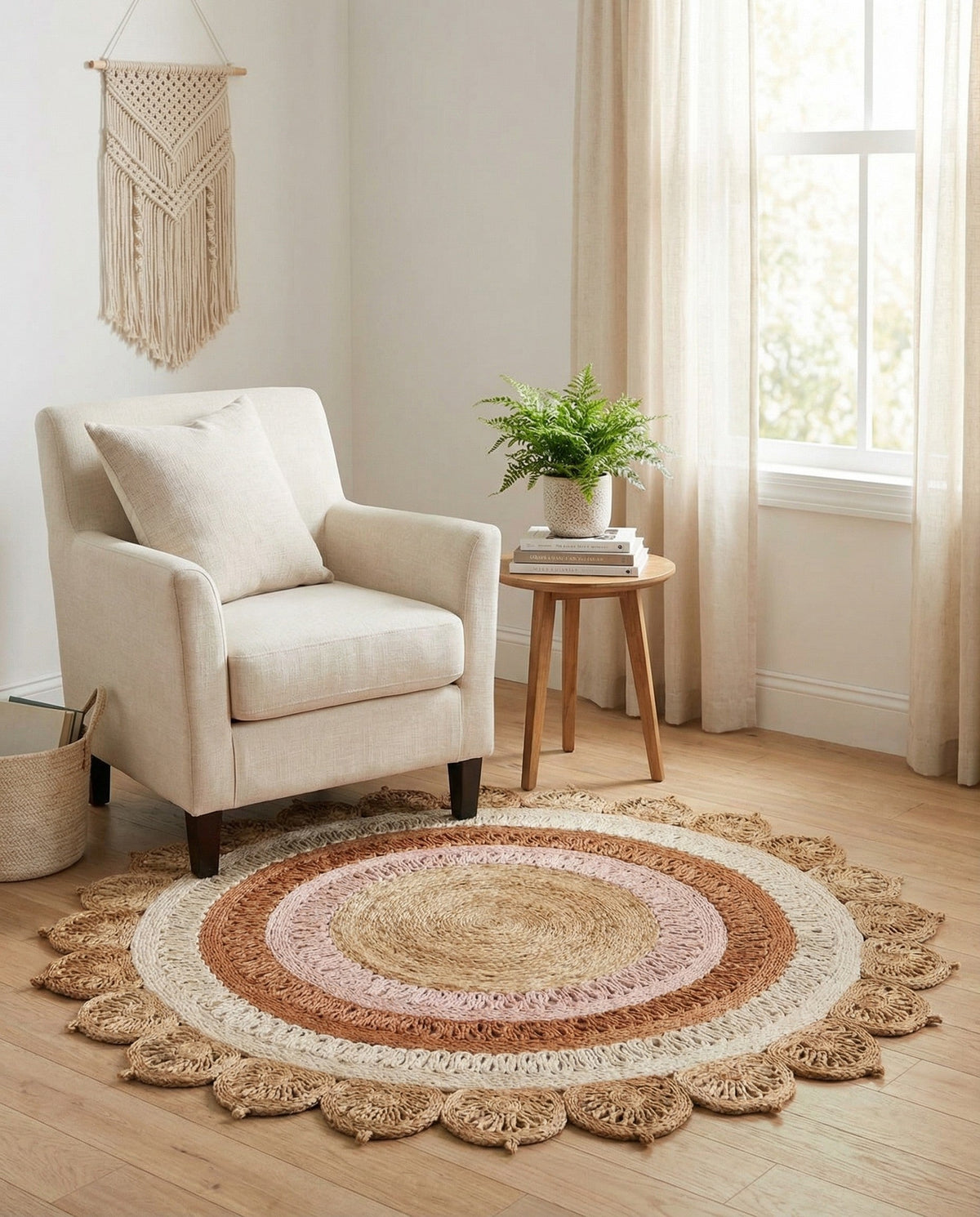 Woven Seaside Jute Collection Area Rug - Coastalhaven (Natural White Orange Pink) Round Natural White Orange Pink  lifestyle 25