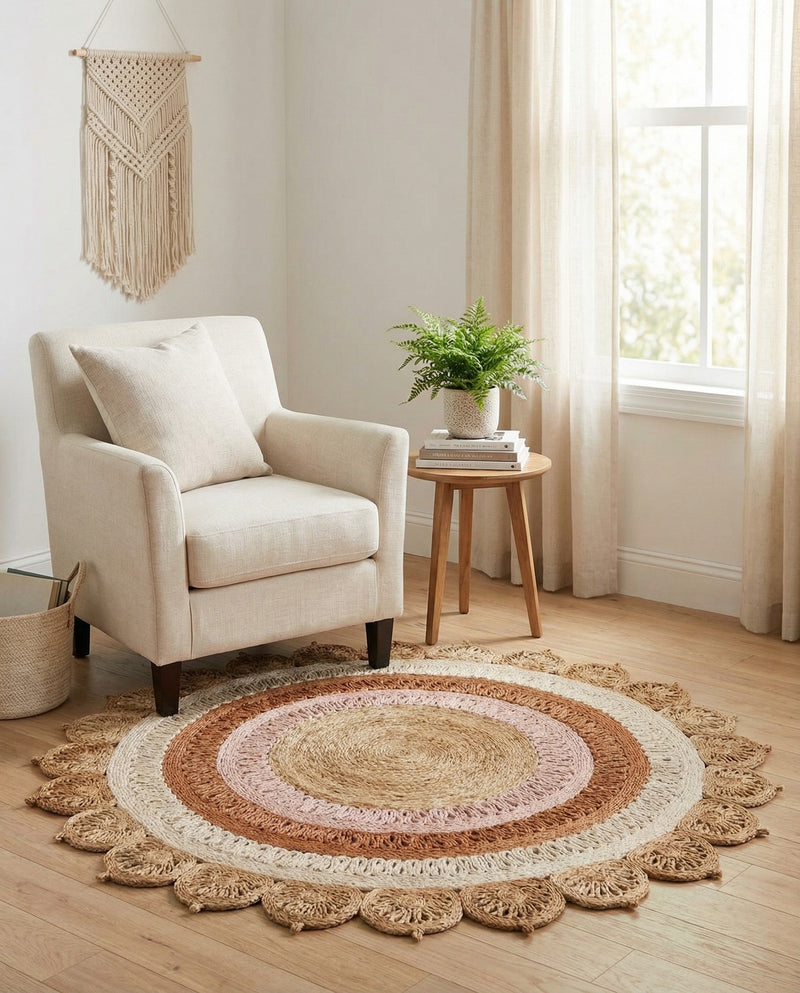 Woven Seaside Jute Collection Area Rug - Coastalhaven (Natural White Orange Pink) Round Natural White Orange Pink  lifestyle 25