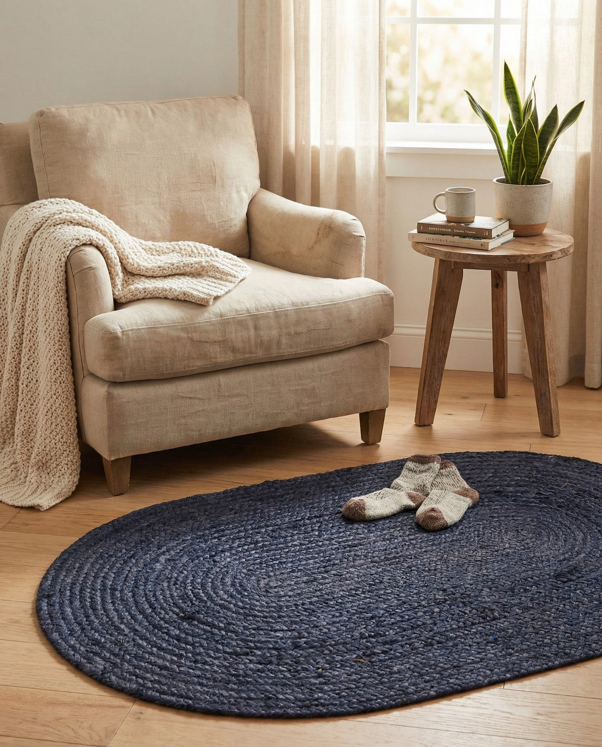 Woven Seaside Jute Collection Area Rug - Savannah (Navy Blue) Oval Navy Blue  lifestyle 87