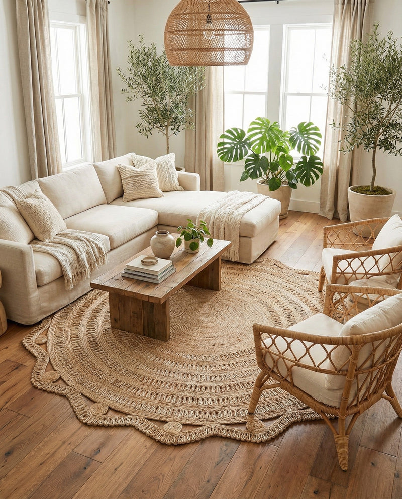 Woven Seaside Jute Collection Area Rug - Nantucket Round Natural and White  lifestyle 13
