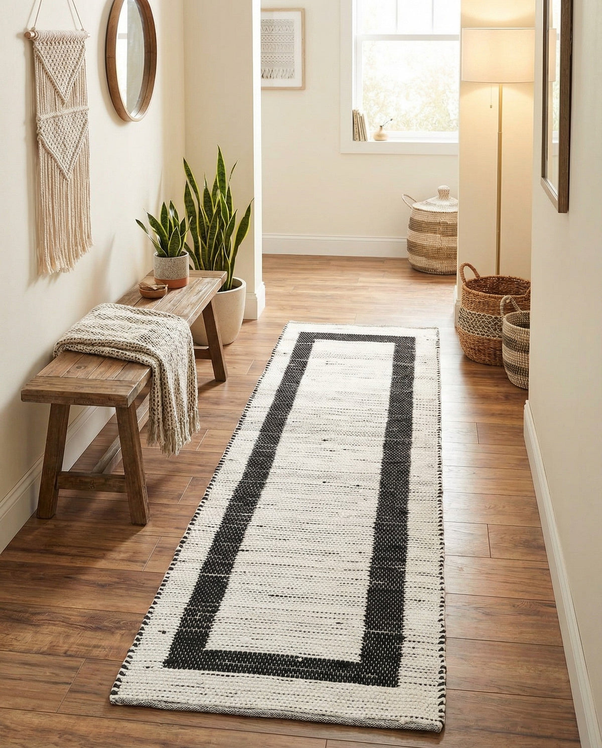 Osian Looms Collection Area Rug - Durham Runner White and Black  lifestyle 175