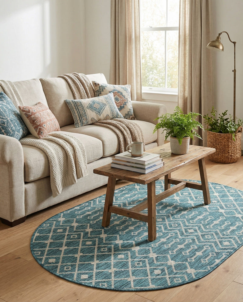 Savannah Pergola Collection Area Rug -  Pergola (Teal) Oval Teal  lifestyle 67