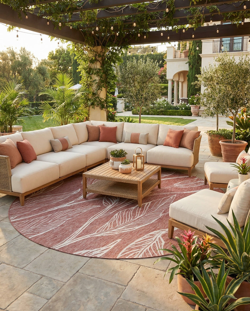 Seaside Blooms Collection Area Rug -  Evergreen (Rust Red) Round Rust Red  lifestyle 28