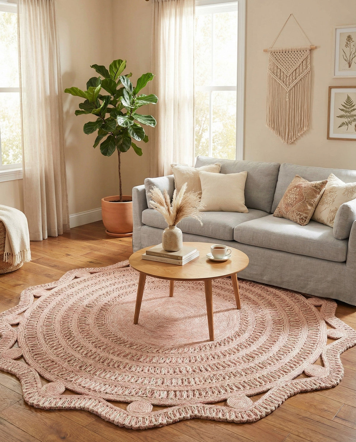 Woven Seaside Jute Collection Area Rug - Nantucket Round Pink and White  lifestyle 88