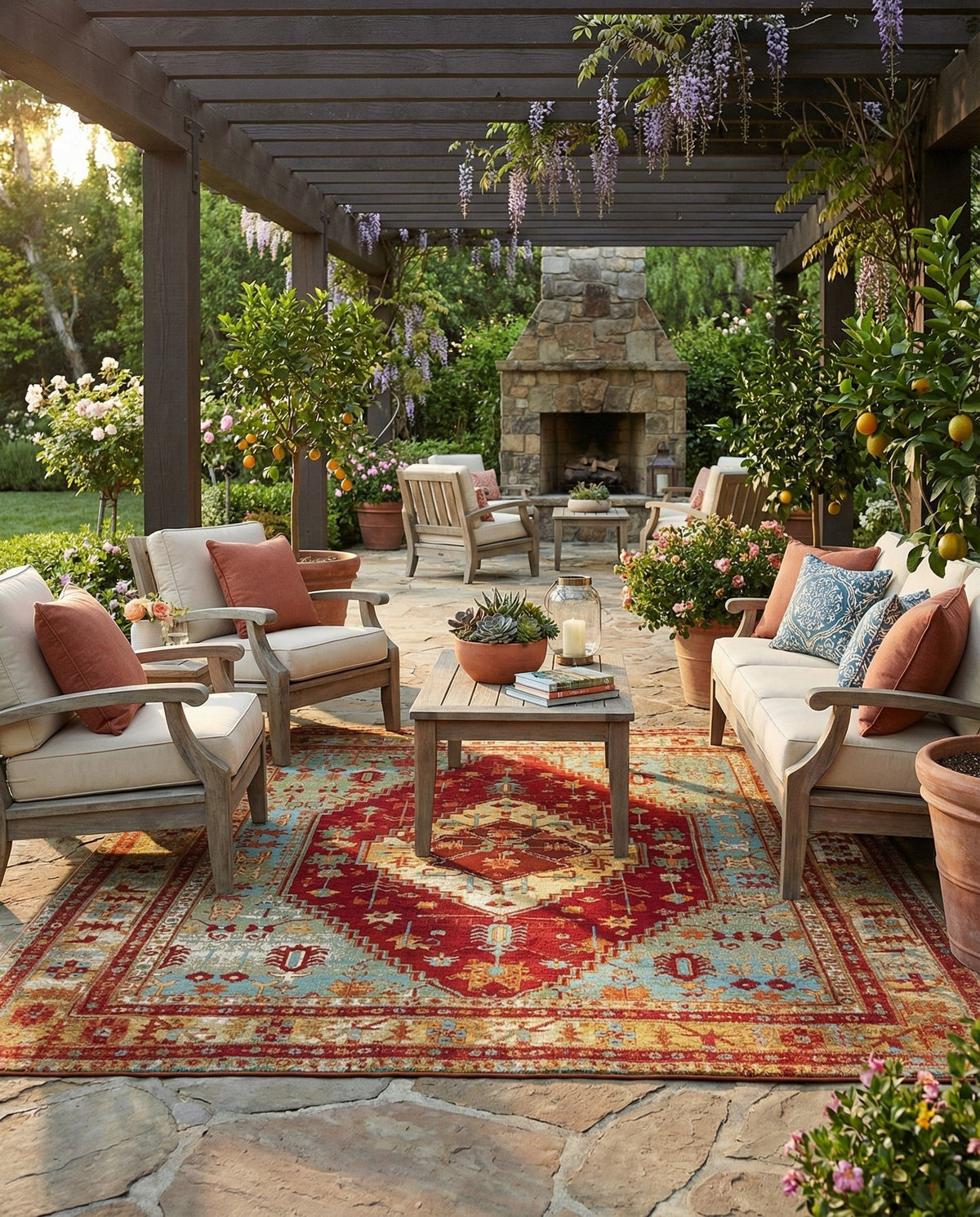 Patio Heritage Collection Area Rug -  Arbor Square Red Green Blue  lifestyle 92