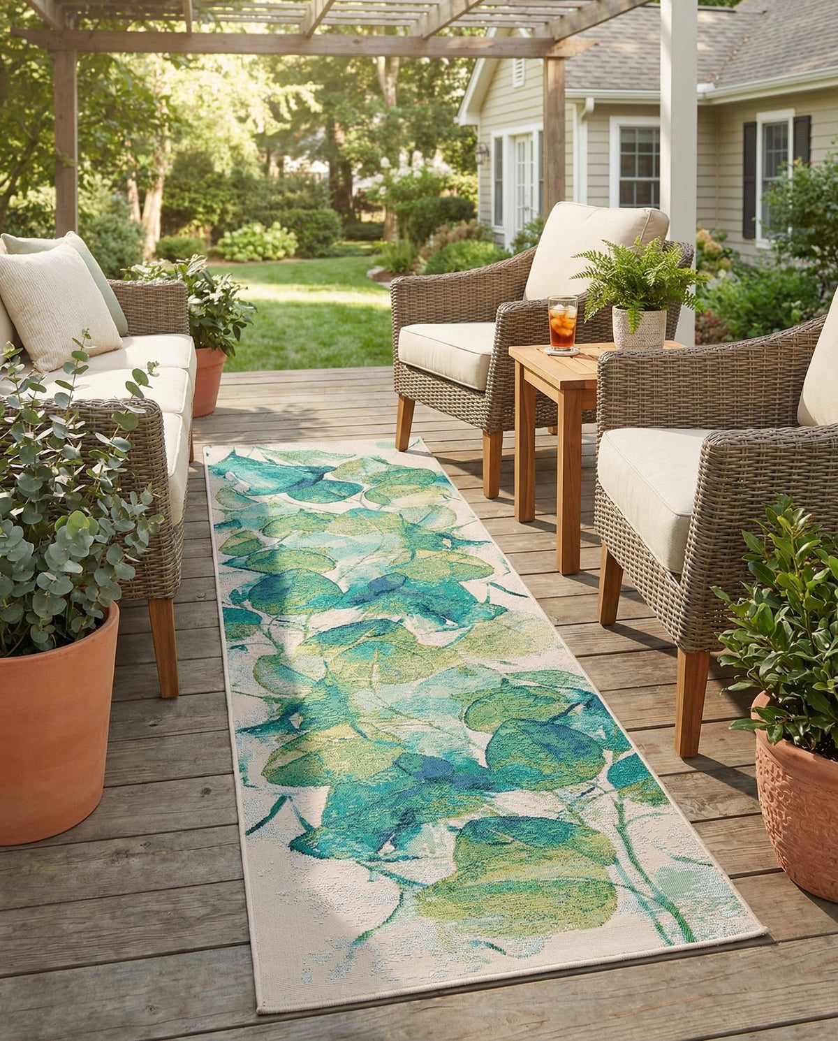 Seaside Blooms Collection Area Rug -  Flora Runner Blue Green  lifestyle 85