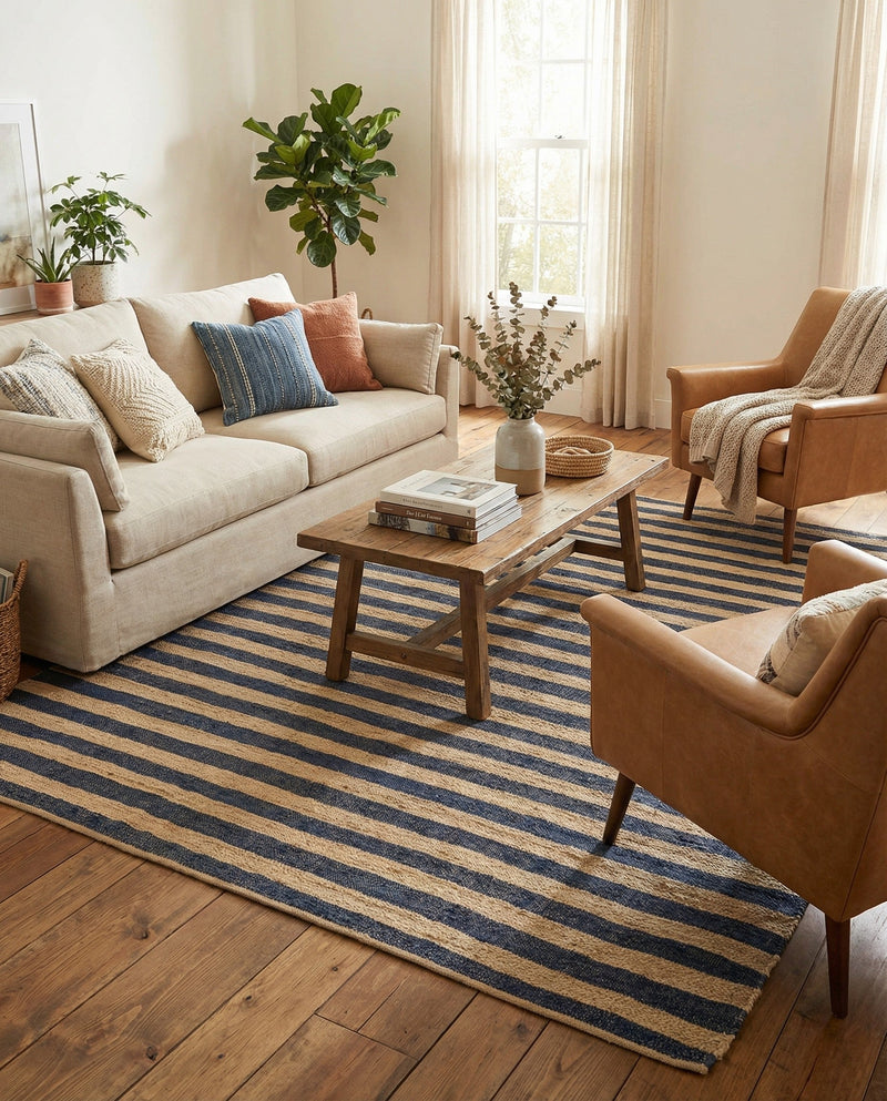 Woven Seaside Jute Collection Area Rug - Nantucket Rectangle Navy Ivory  lifestyle 8