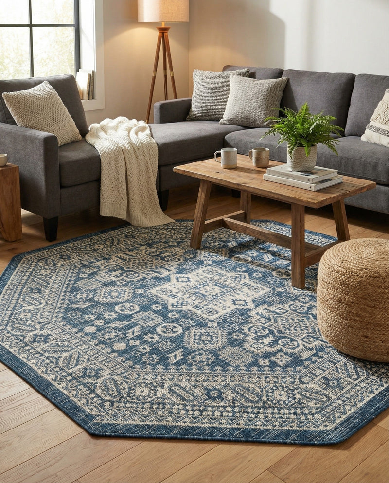 Tribal Terrace Treasures Collection Area Rug -  Incan Isle (Blue) Octagon Blue  lifestyle 34