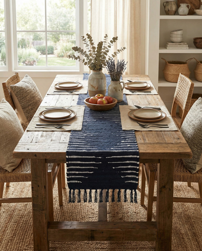 Thar Cotton Collection Area Rug - Jaisalmer (Navy Blue) Table Runner Navy Blue  lifestyle 26