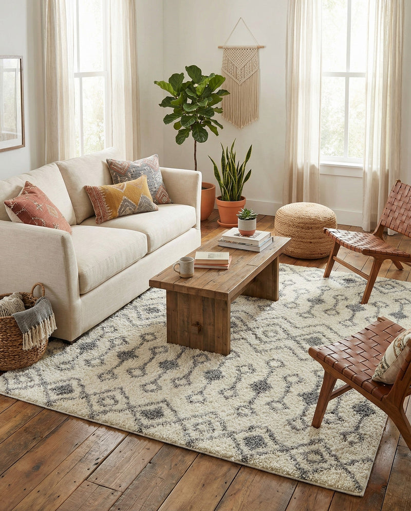 Berber Lattice Shag Collection Area Rug - Atlas (Ivory) Square Ivory  lifestyle 25