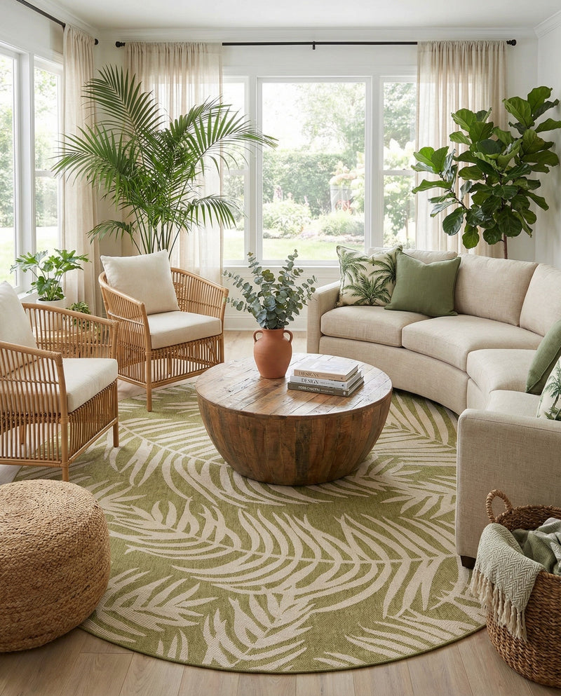 Seaside Blooms Collection Area Rug - Verdure (Green) Round Green  lifestyle 64