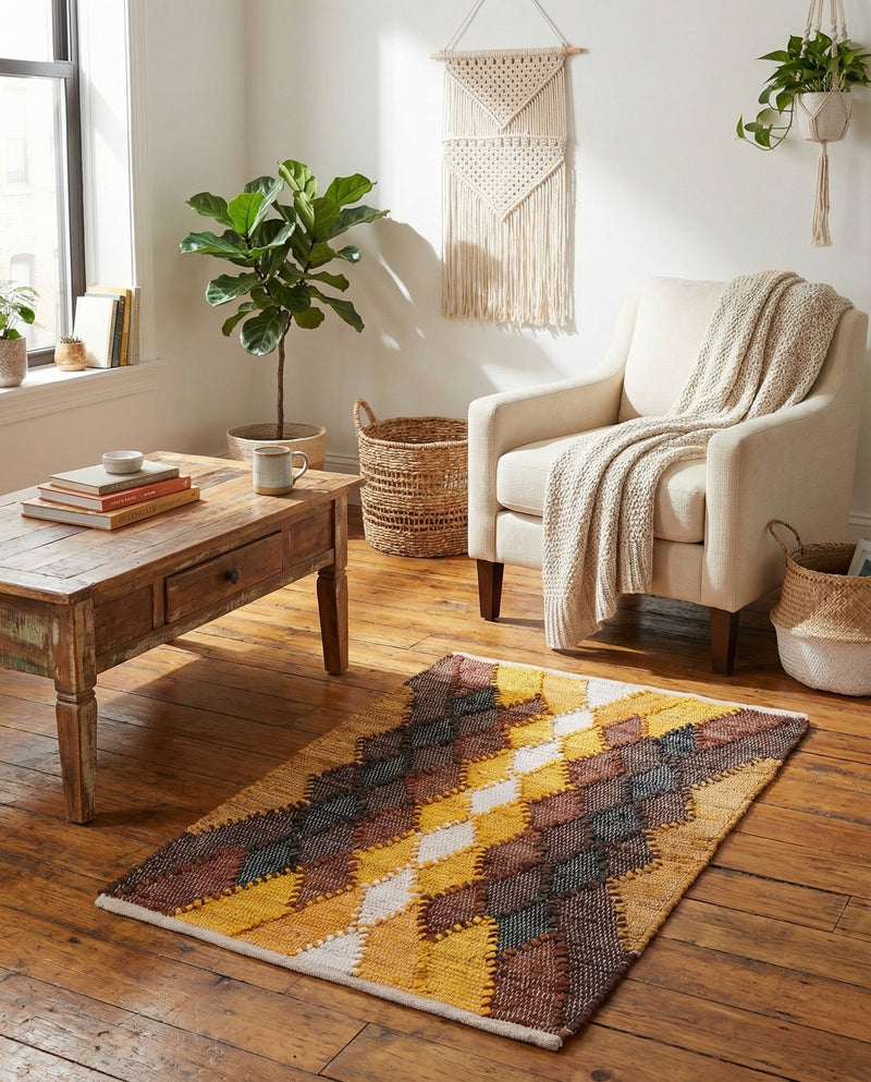 Thar Cotton Collection Area Rug -  Munnar Rectangle Brown Yellow Black  lifestyle 6