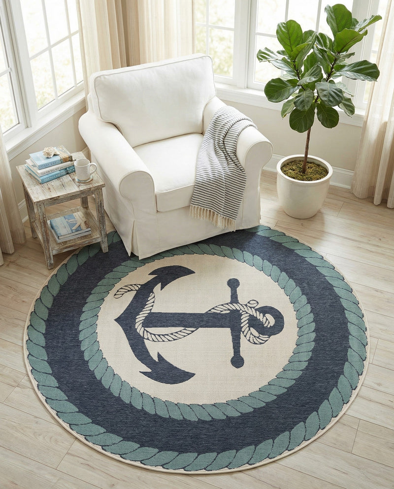 Seaside Haven Rugs Collection Area Rug -  Coralreef Round Navy Blue  lifestyle 89