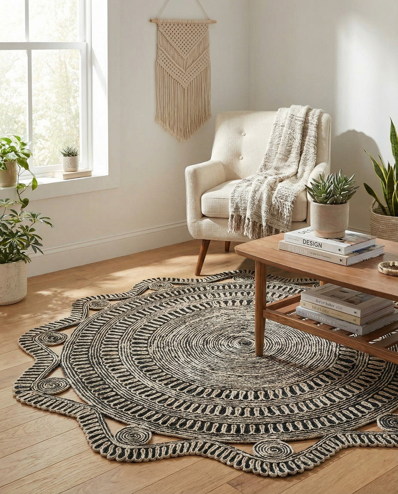 Woven Seaside Jute Collection Area Rug - Nantucket Round Black and White  lifestyle 52