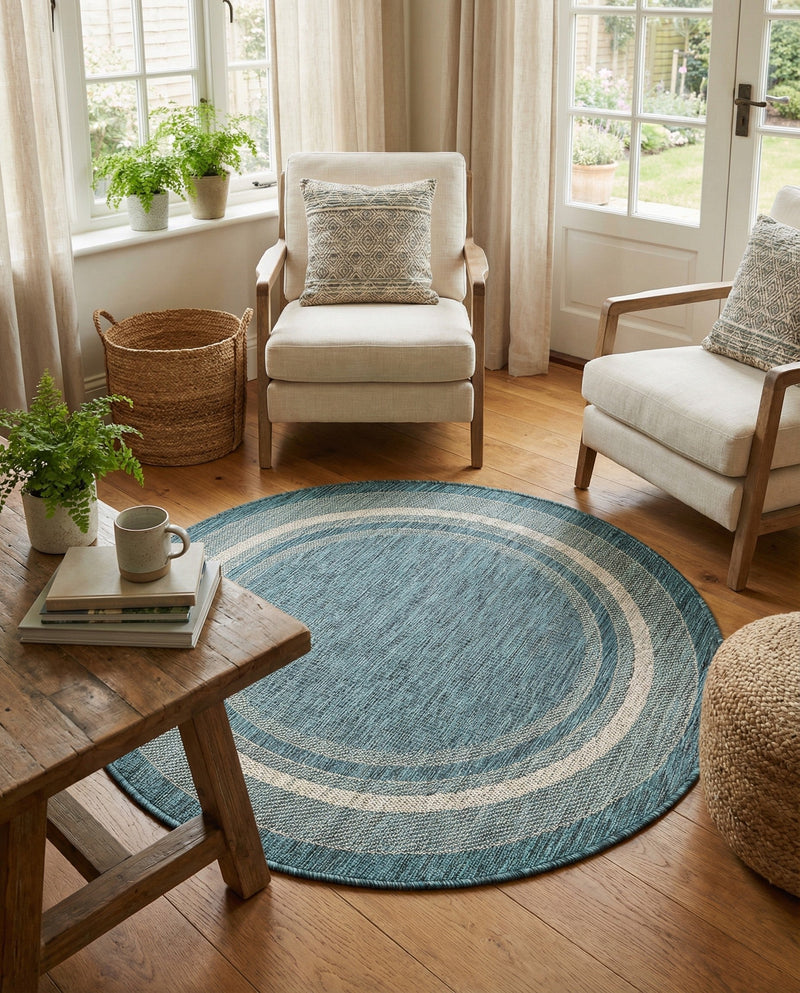 Terrace Fringe Collection Area Rug - Veranda (Teal) Round Teal  lifestyle 83