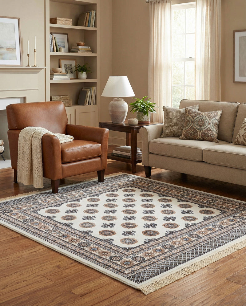 Samarkand Elegance Collection Area Rug -  Margilan (Ivory) Square Ivory  lifestyle 58