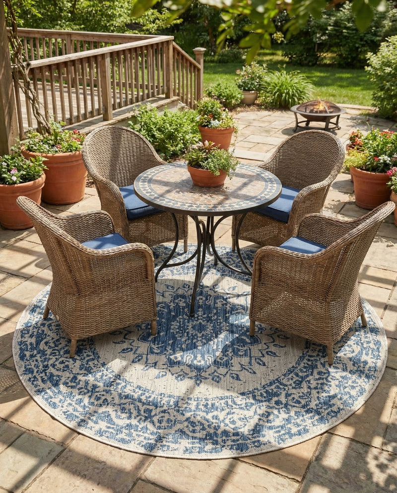 Patio Heritage Collection Area Rug -  Lafayette (Blue) Round Blue  lifestyle 49
