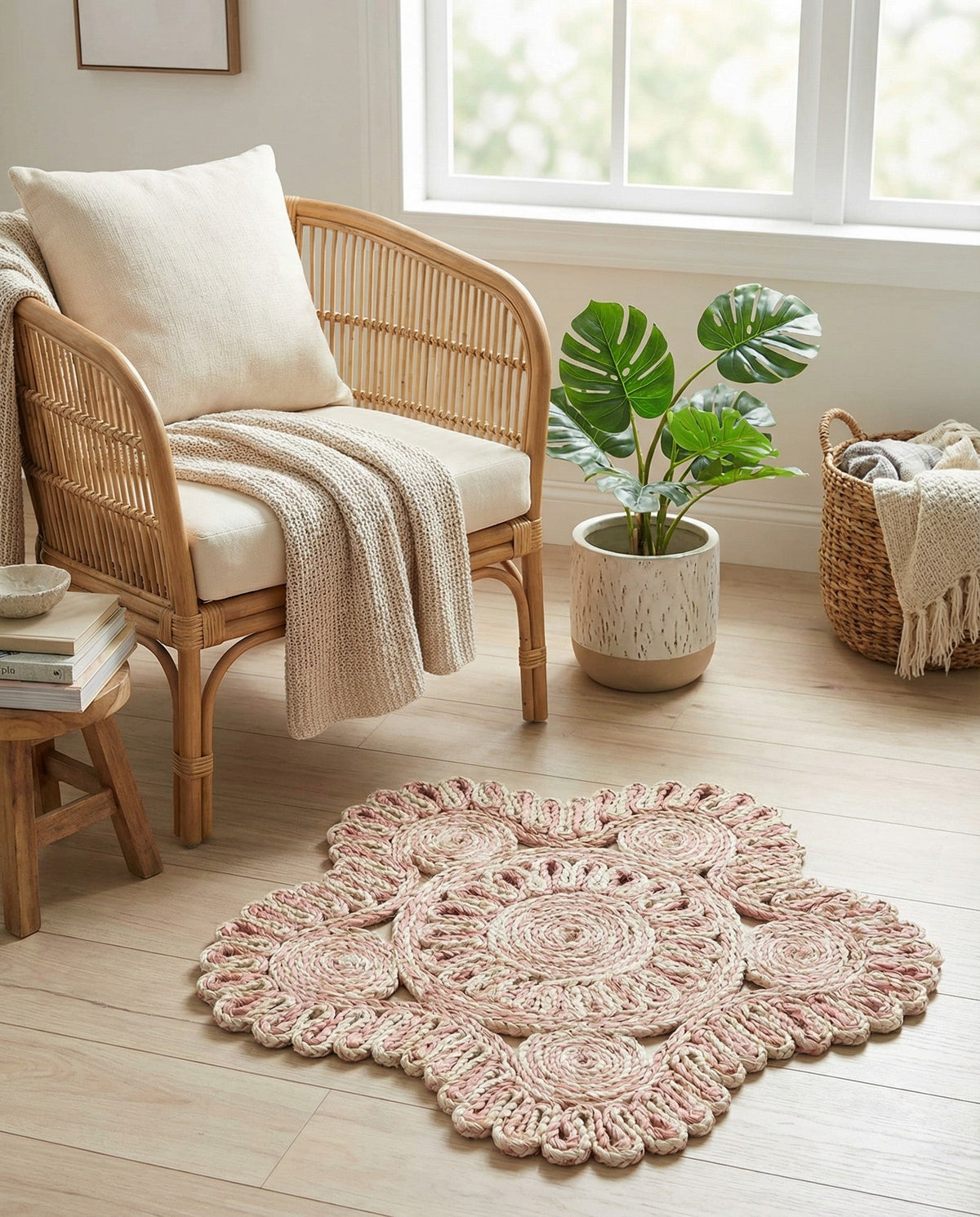 Woven Seaside Jute Collection Area Rug - Nantucket Round Pink and White  lifestyle 82