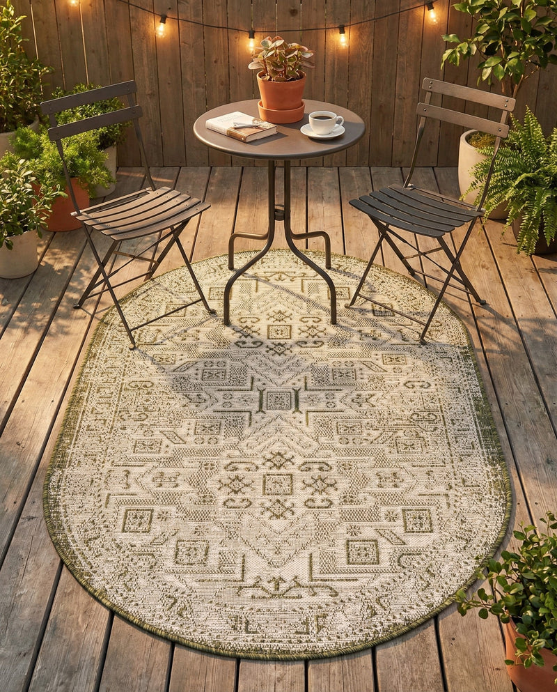 Tribal Terrace Treasures Collection Area Rug - Mayan Marina (Green) Oval Green  lifestyle 31