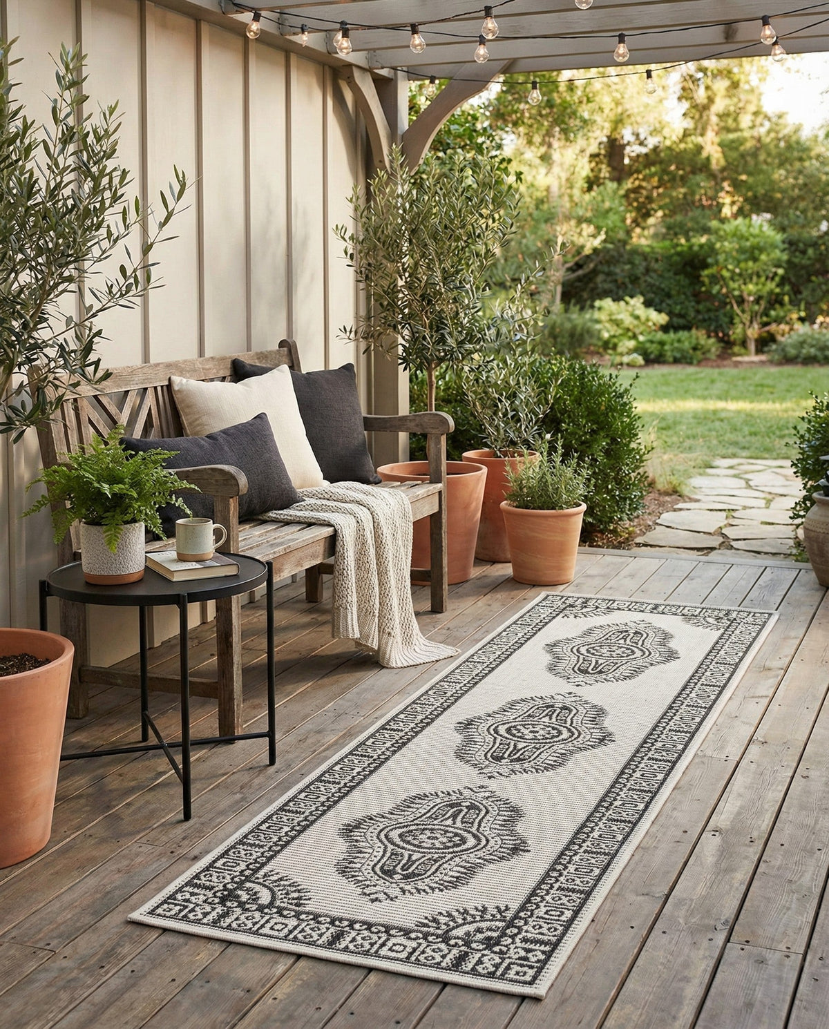 Patio Heritage Collection Area Rug -  Biloxi Runner White and Black  lifestyle 87