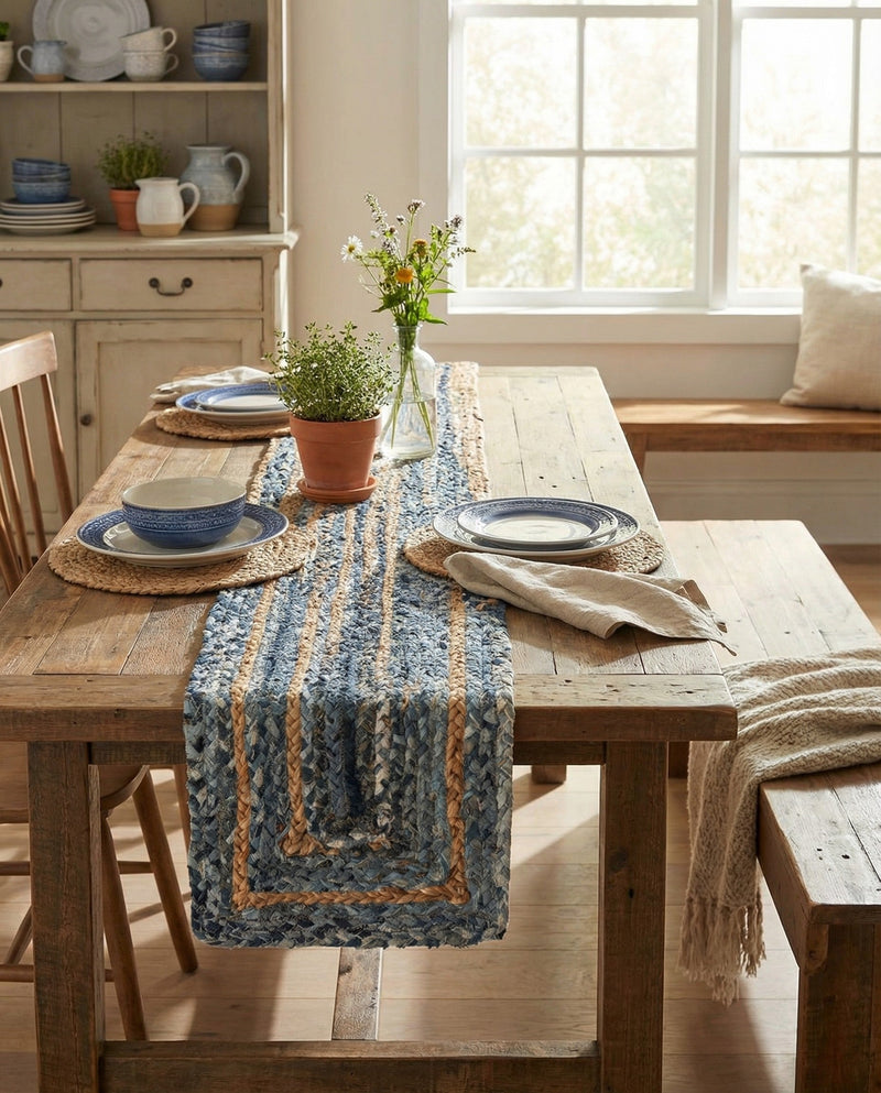 Woven Udaipur Collection Area Rug - Sahara Table Runner Blue and Natural  lifestyle 62
