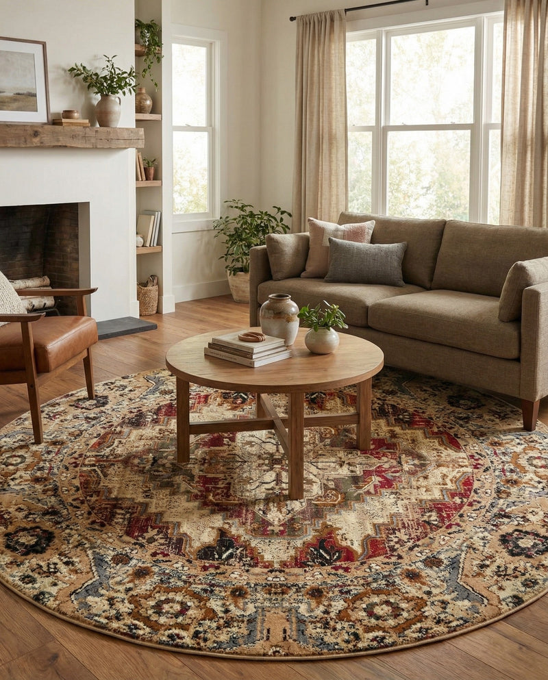 Neptune Elegance Collection Area Rug -  Naiad Round Burgundy Beige  lifestyle 44