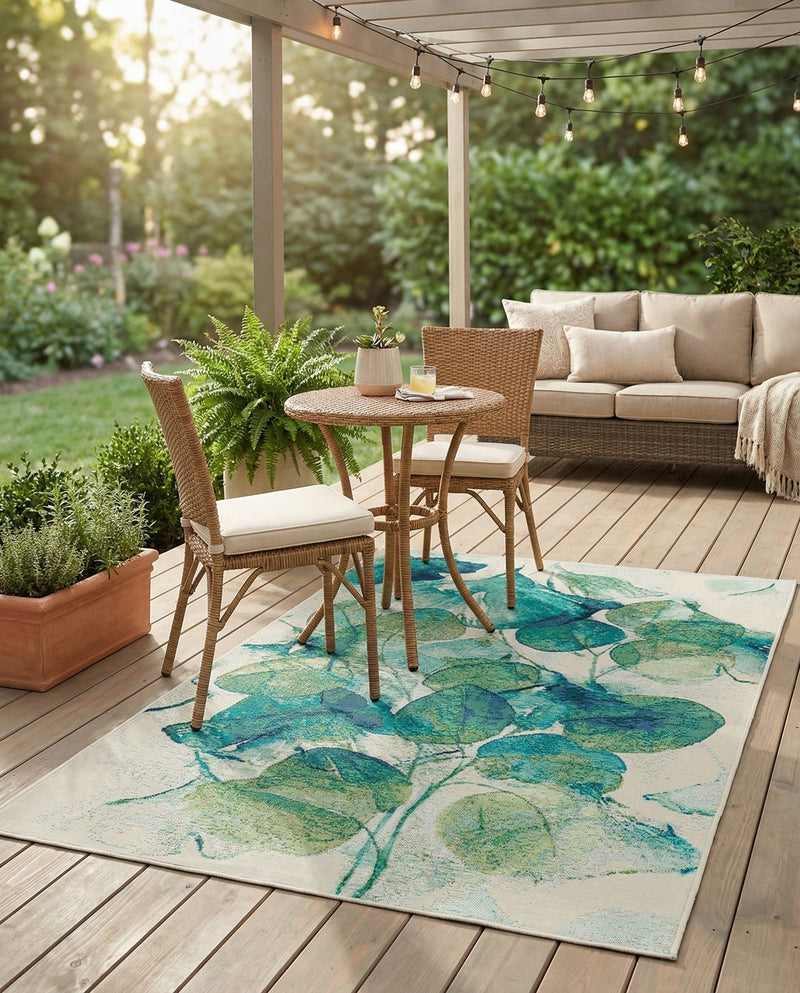Seaside Blooms Collection Area Rug -  Flora Rectangle Blue Green  lifestyle 14