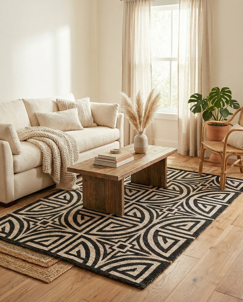 Savannah Threads Collection Area Rug -  Thar Rectangle Black and Ivory  lifestyle 19