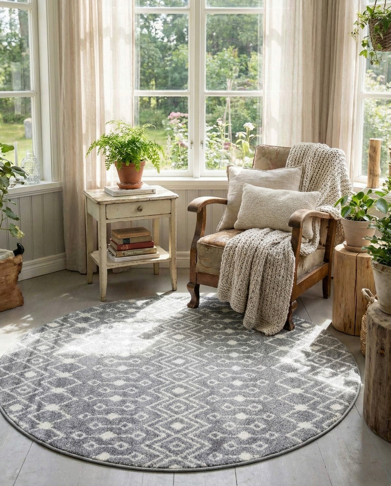 Mediterranean Lattice Collection Area Rug - Santorini (Gray) Round Gray  lifestyle 39