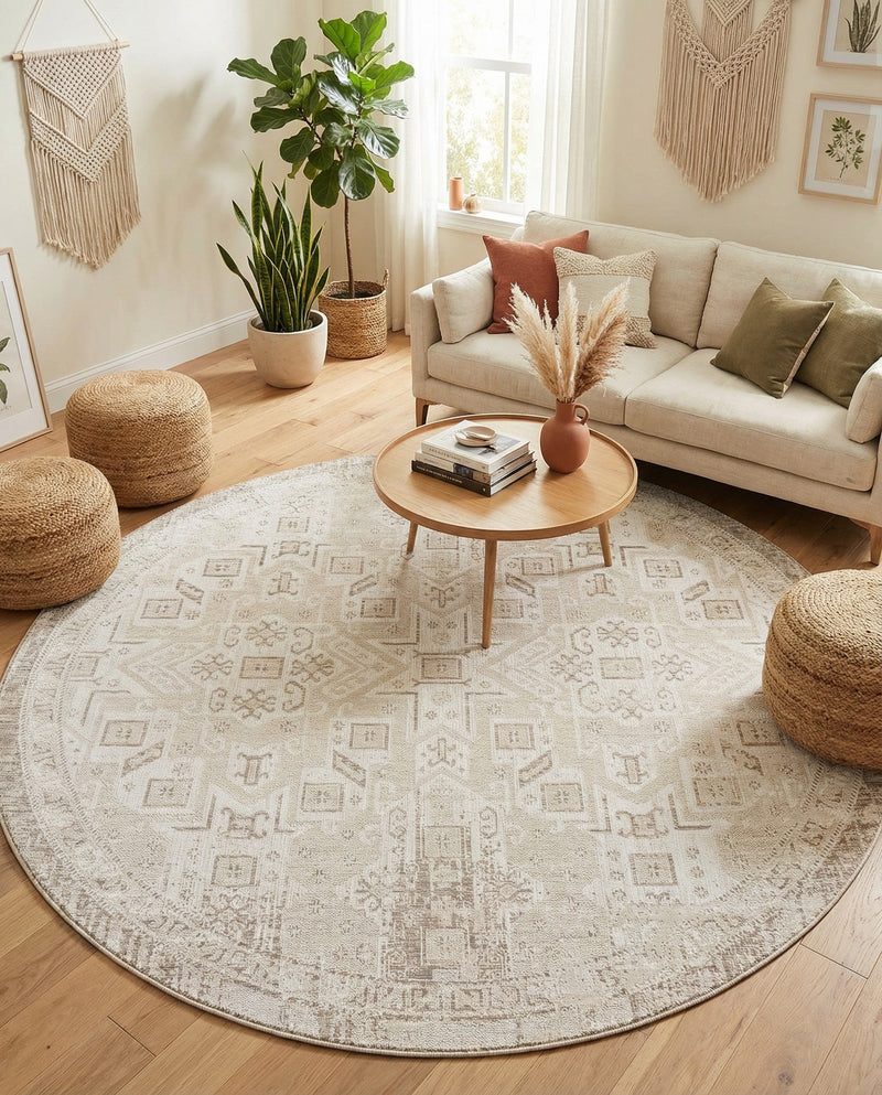 Tribal Terrace Treasures Collection Area Rug - Mayan Marina (Light Gray) Round Light Gray  lifestyle 21