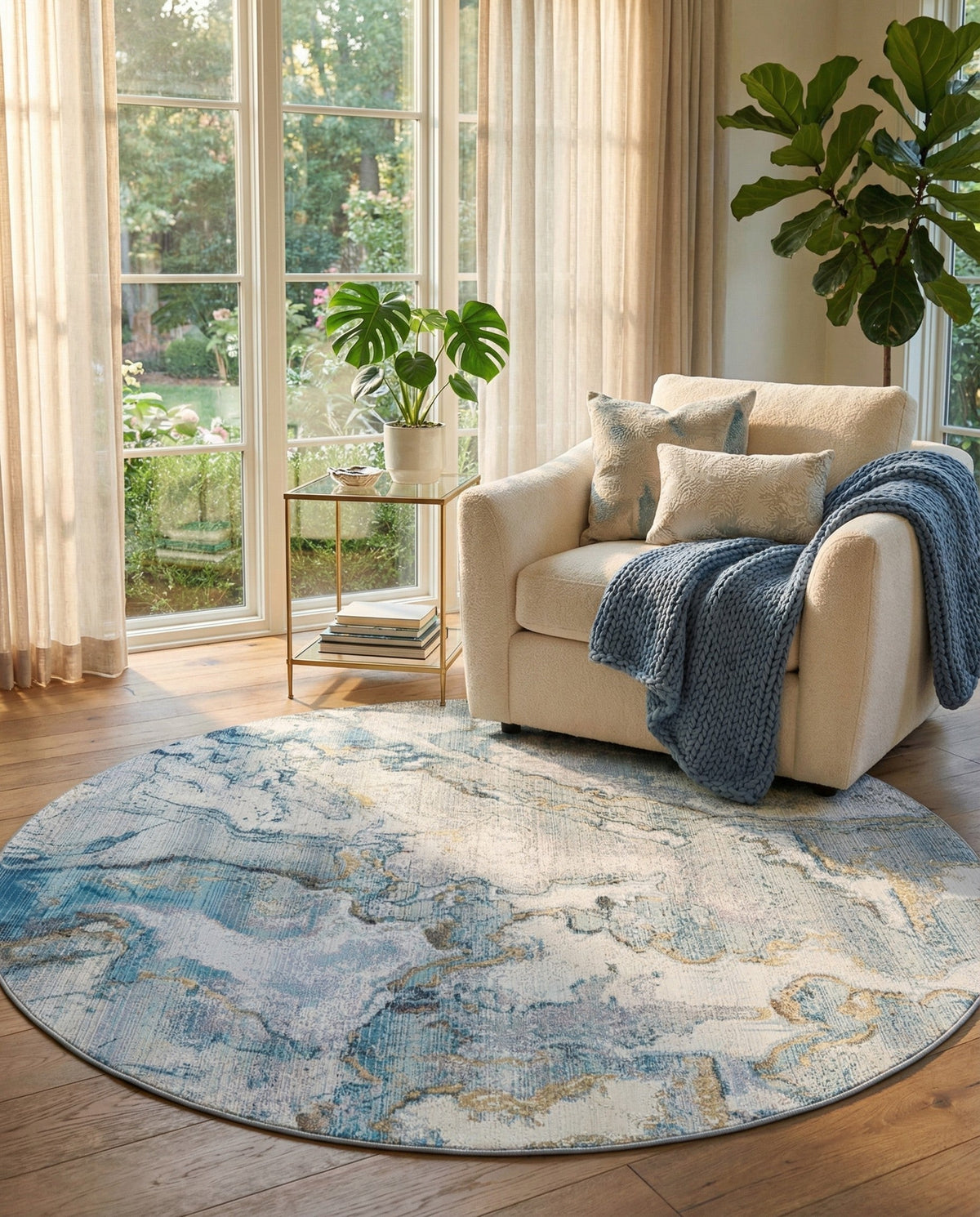 Urban Terrace Collection Area Rug -  Vertex Round Blue and Ivory  lifestyle 91