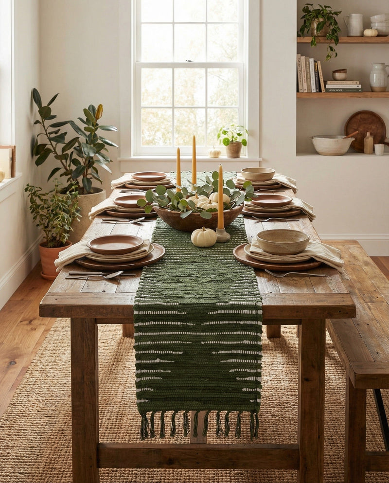 Thar Cotton Collection Area Rug - Jaisalmer (Green) Table Runner Green  lifestyle 52