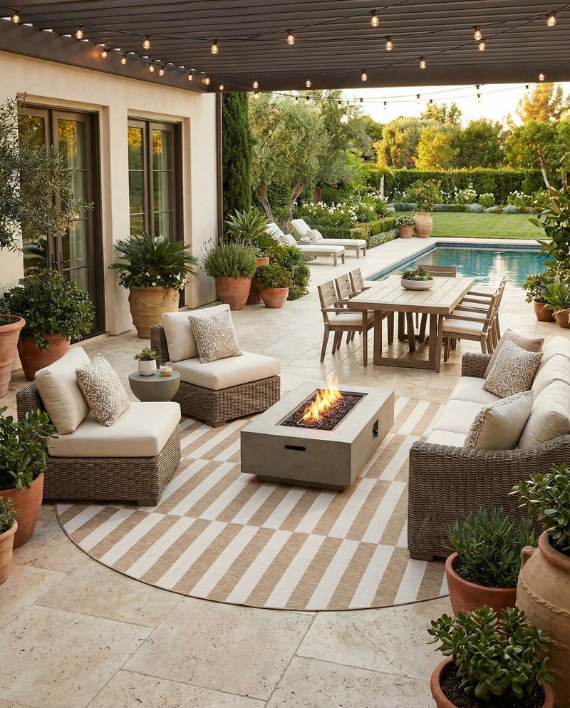 Seaside Stripes Collection Area Rug - Cabana (Taupe) Round Taupe  lifestyle 43