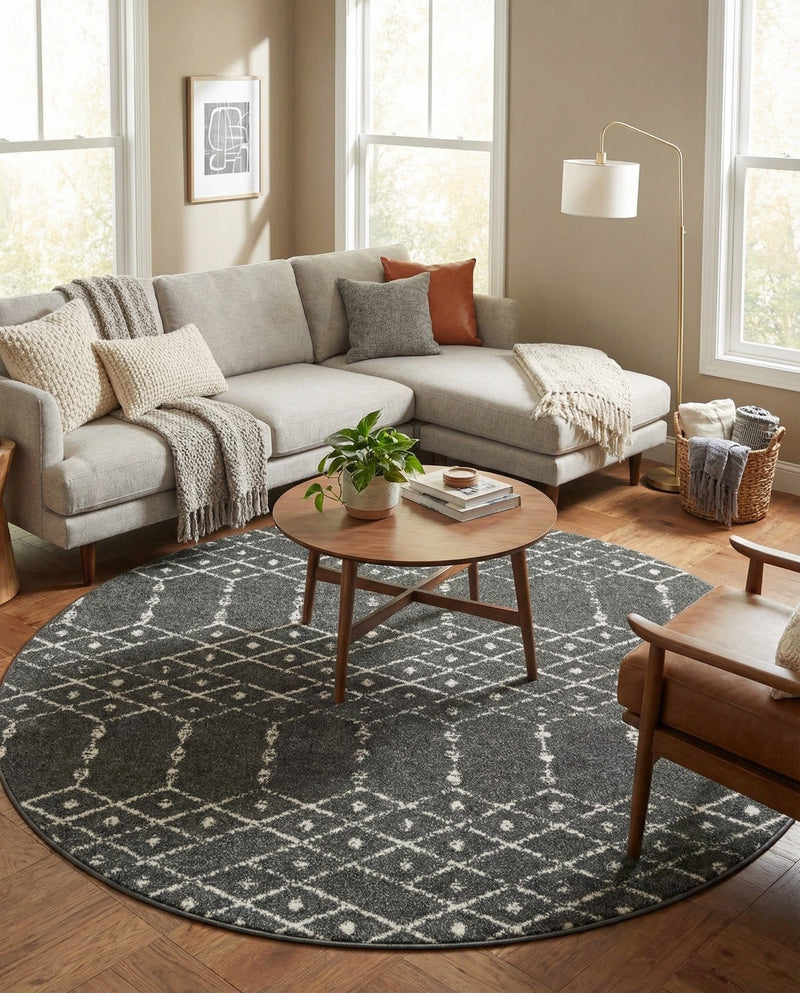 Marrakesh Lattice Collection Area Rug - Casablanca (Charcoal Gray) Round Charcoal Gray  lifestyle 34