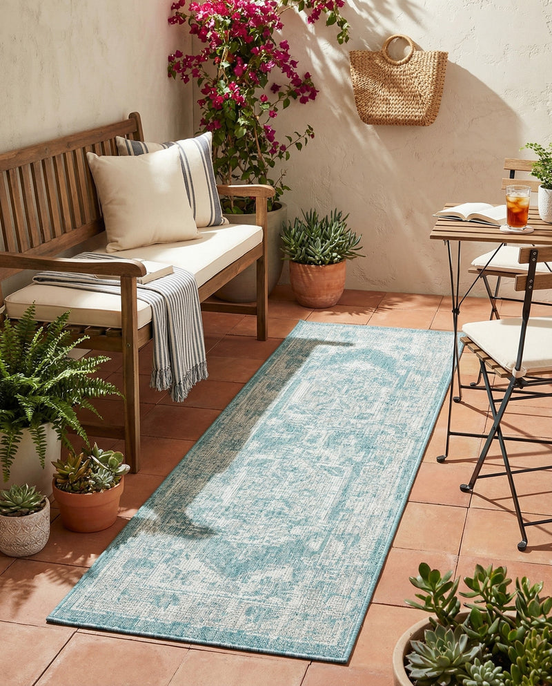 Patio Heritage Collection Area Rug -  Augusta (Aqua) Runner Aqua  lifestyle 73