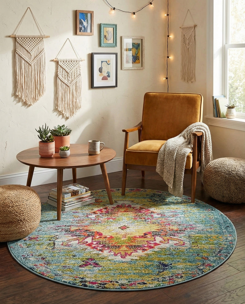 Venetian Tapestry Collection Area Rug -  SanMarco Round Turquoise  lifestyle 58