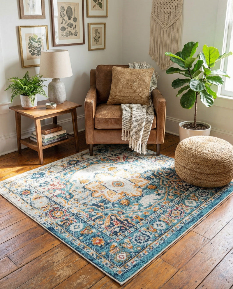 Parisian Elegance Collection Area Rug - Versailles (Teal) Square Teal  lifestyle 67
