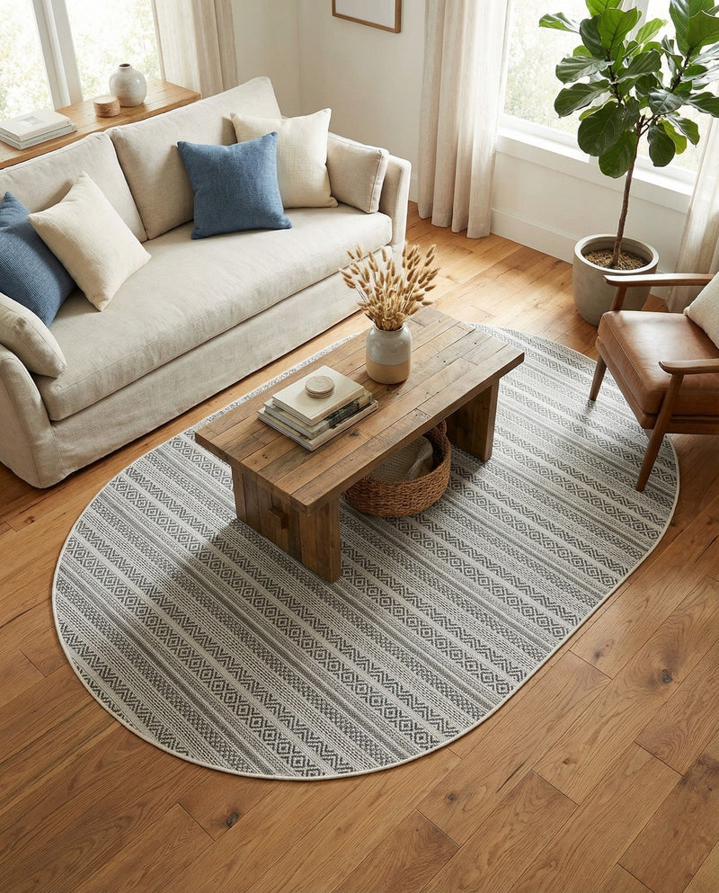 Seaside Stripes Collection Area Rug -  Boardwalk (Beige) Oval Beige  lifestyle 17