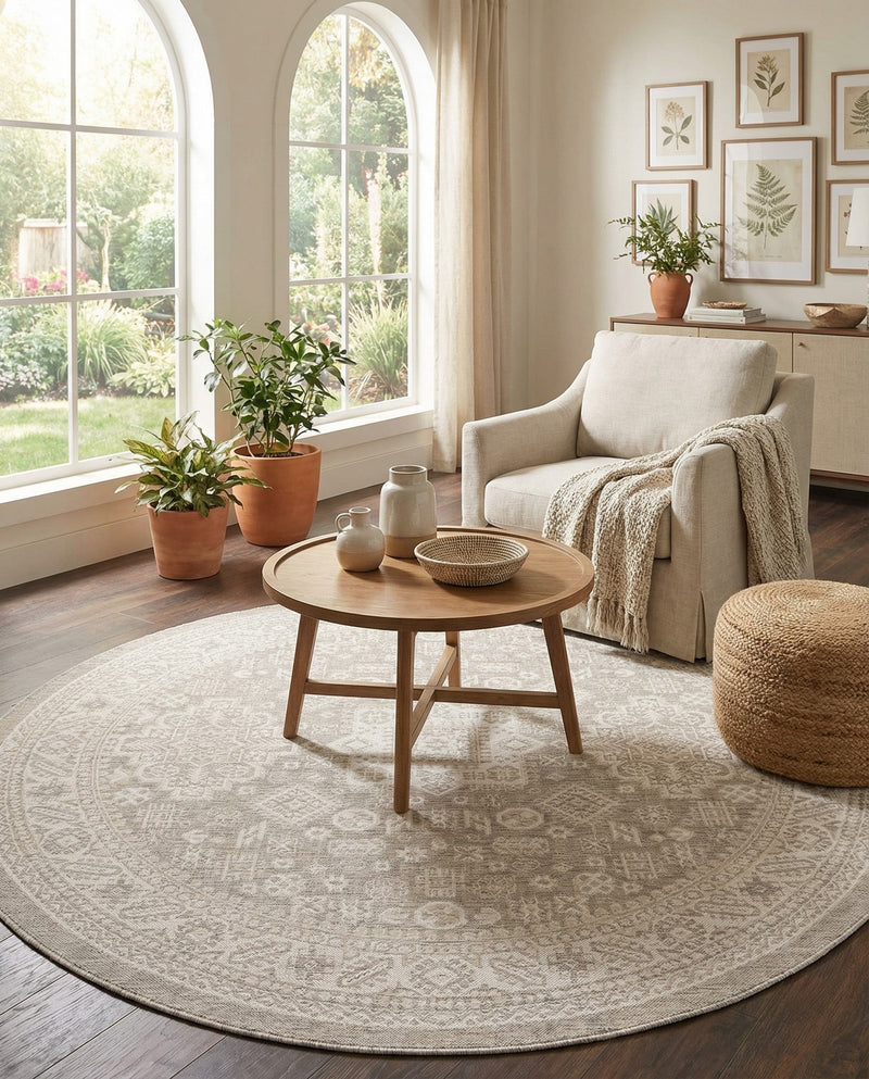 Tribal Terrace Treasures Collection Area Rug -  Incan Isle (Light Gray) Round Light Gray  lifestyle 34