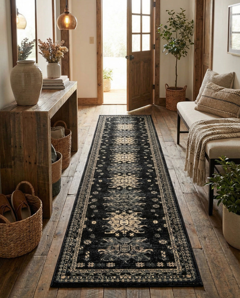 Tabriz Tapestries Collection Area Rug - Azerbaijan (Black) Runner Black  lifestyle 50